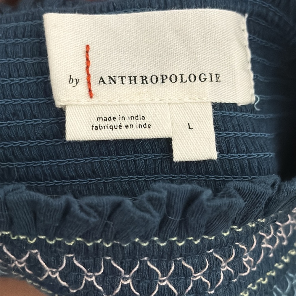 Anthropologie Floral Embroidered Smocked Puff Sleeve Top Turquoise Green Size L - Picture 5 of 9